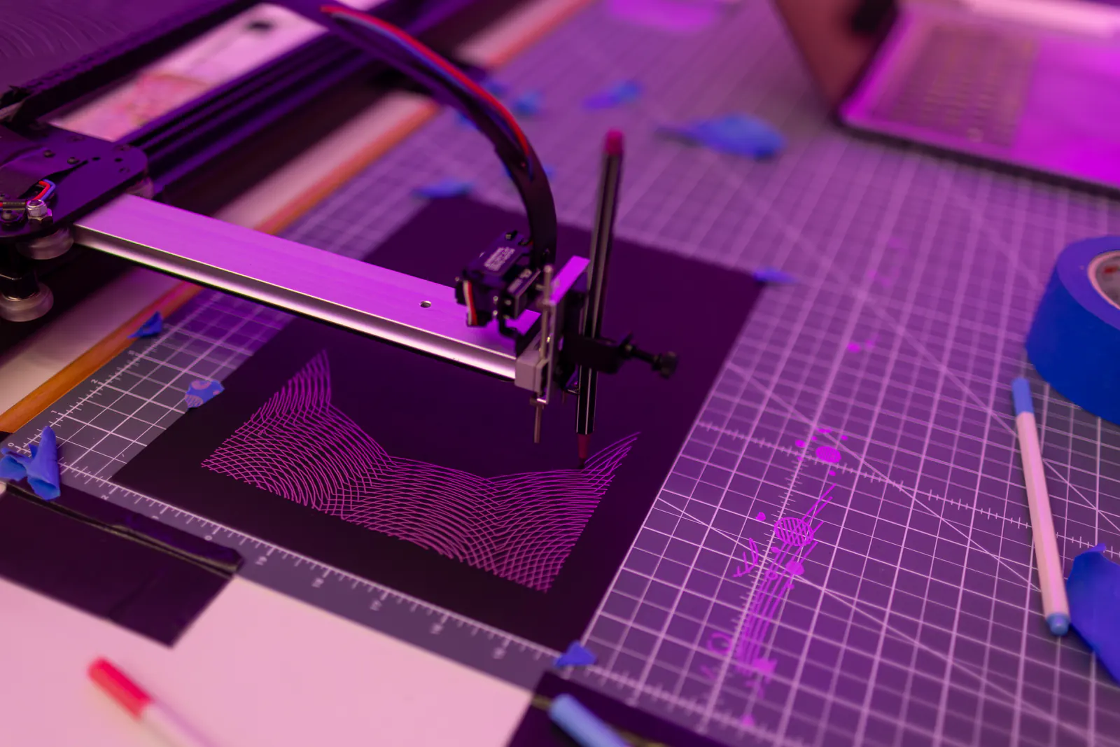 Close-up of a pen plotter drawing a pink wave pattern on black paper